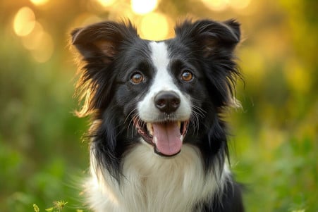 Cheerful Border Collie with tail up, mouth open, and tongue out in a sunny park