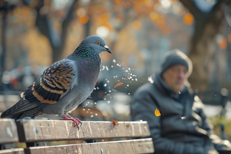 Photorealistic image of a pigeon perched on a park bench, mid-poop, with a person below having a disgusted expression as the droppings land on their head