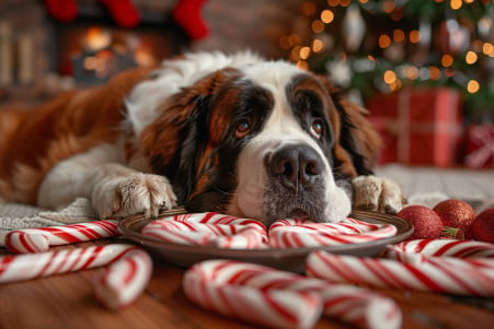 Saint Bernard dog knocking over a plate of candy canes, surrounded by fallen decorations