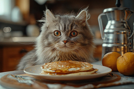 Persian cat with a fluffy grey coat sniffing a plate of syrup-covered pancakes with a puzzled expression