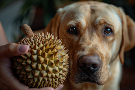Concerned Labrador retriever looking away from a durian fruit held near its face
