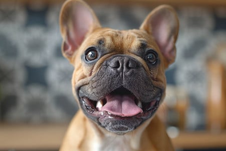 Close-up of a French Bulldog with large, expressive eyes and a pink, curled tongue extended, looking like it is licking the air on a kitchen countertop