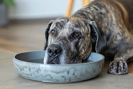 Brindle-coated elderly Great Dane resting near an oversized water dish in a veterinary clinic setting