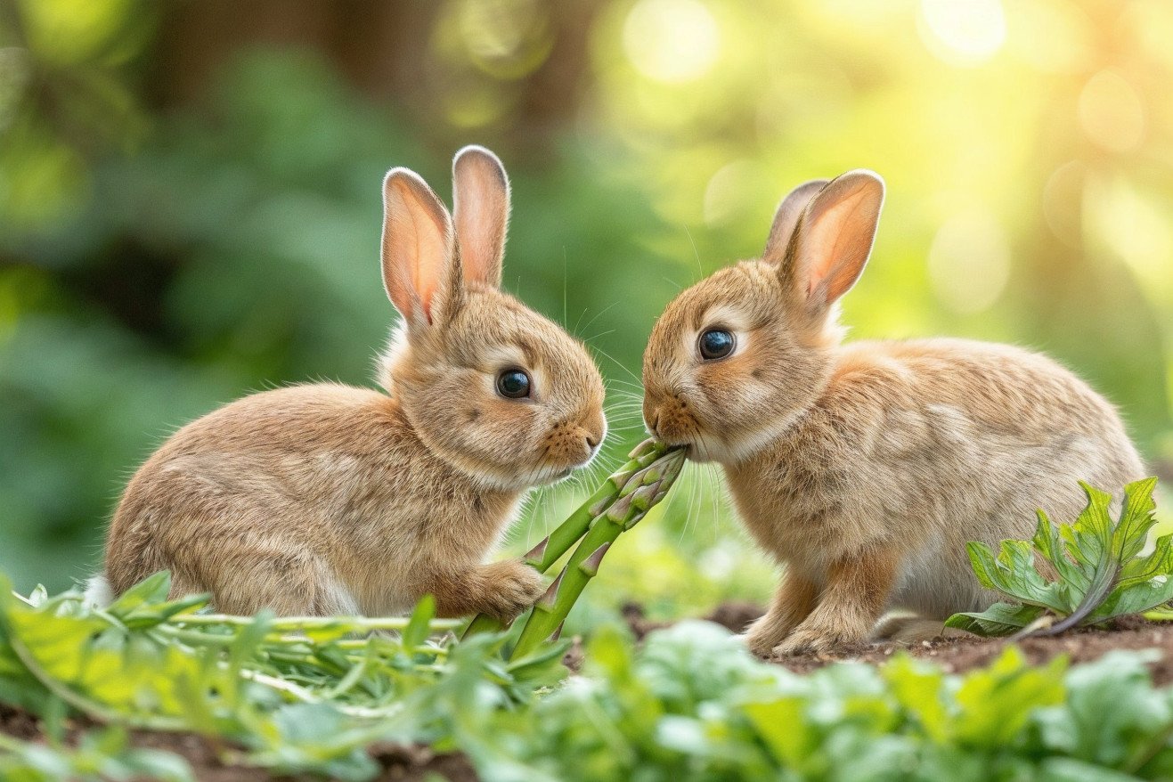 Two Netherland Dwarf rabbits sniffing a green asparagus stalk with garden foliage in the background