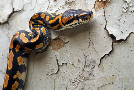 A black and yellow patterned ball python slithering up a smooth concrete wall