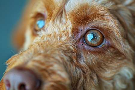 Labradoodle puppy with a red, swollen bump on its eye, indicating a stye
