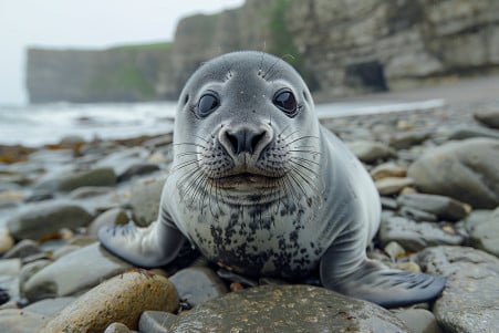 Grey seal lounging on a rocky shore, gazing directly at the camera