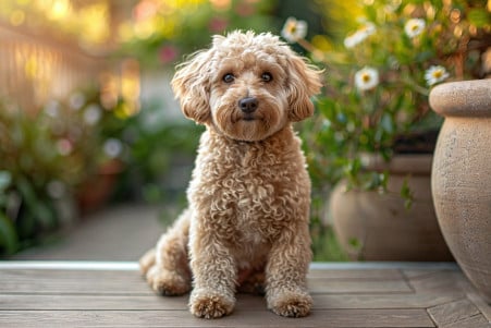 A friendly golden doodle with a curly, golden coat sitting on a porch or patio in a sunny, idyllic outdoor scene