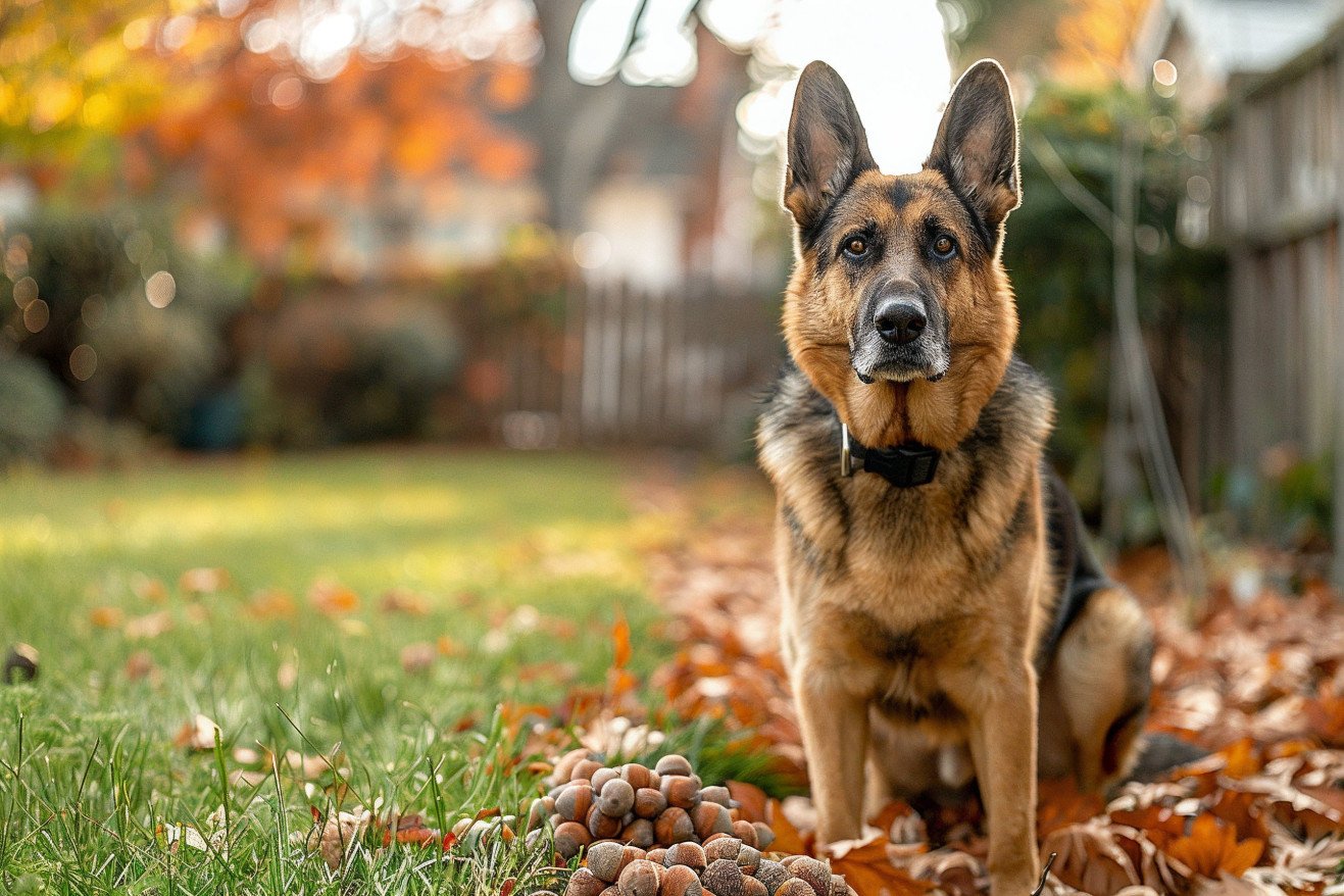 A German Shepherd dog standing protectively in front of a group of acorns, with a determined expression on its face