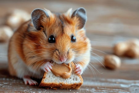 Brown hamster nibbling on a piece of whole wheat toast with a thin layer of peanut butter, its cheeks full