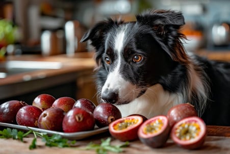 Border Collie cautiously sniffing a cut-open passion fruit on a rustic kitchen counter