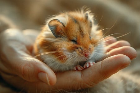 Caretaker's hand gently holding a deceased long-haired Roborovski dwarf hamster, with a somber, mournful expression in the blurred background