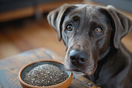 Labrador Retriever sniffing a bowl of chia seeds on a hardwood floor