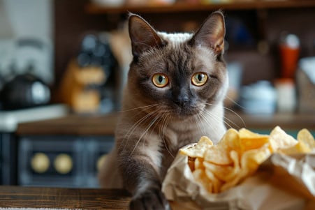 A Burmese cat reaching for an open bag of potato chips on a kitchen counter