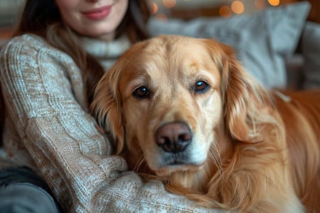 Golden Retriever pressing its face into the chest of its owner, who is gently petting the dog in a muted living room setting