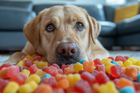 Labrador Retriever with a concerned expression, surrounded by spilled Sour Patch Kids candies in a living room setting