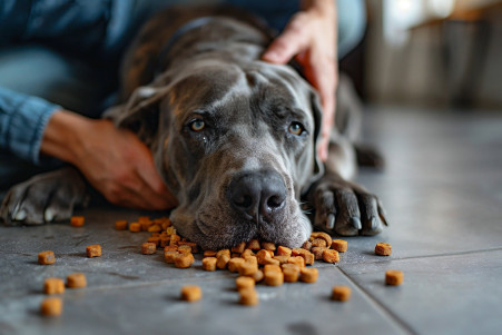 Great Dane lying on tiled floor with partially digested dog food, looking nauseous
