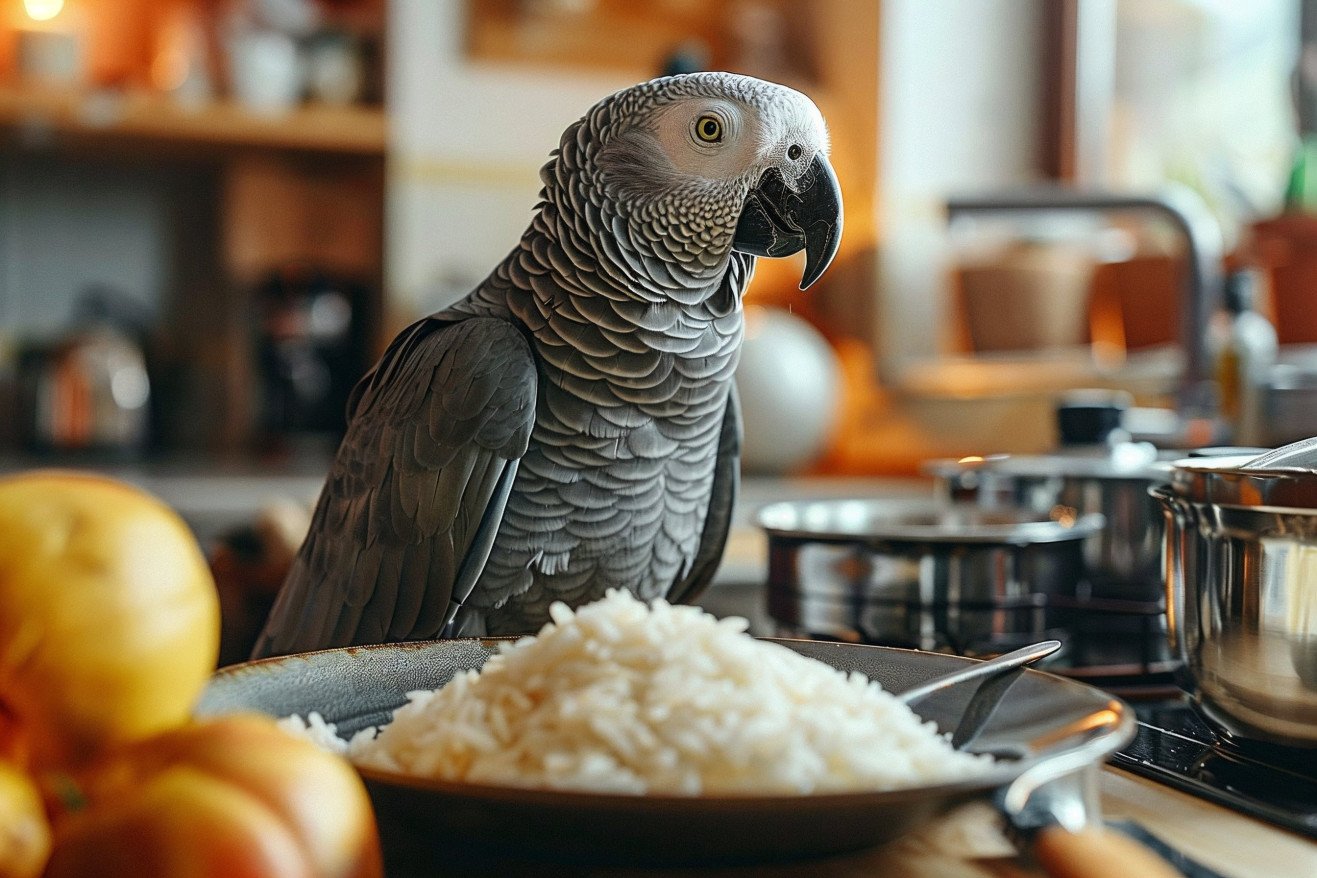 African Grey parrot standing on a kitchen counter next to a plate of steaming white rice