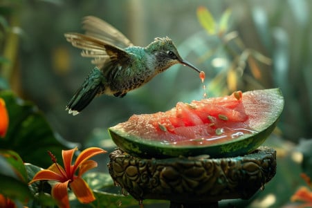 Iridescent green and red hummingbird hovering near a watermelon wedge on a bird feeder in a tropical garden