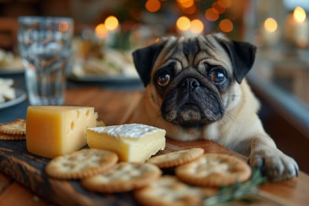 Pug with a worried expression eyeing a platter of brie cheese and crackers, keeping its distance from the dairy product