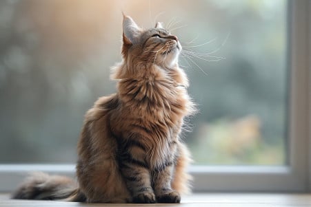 Full-body shot of a Maine Coon cat with a bushy tail sitting on a hardwood floor, head cocked to the side and shaking gently