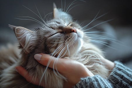 Siberian cat with a silvery-grey coat being petted by a human hand