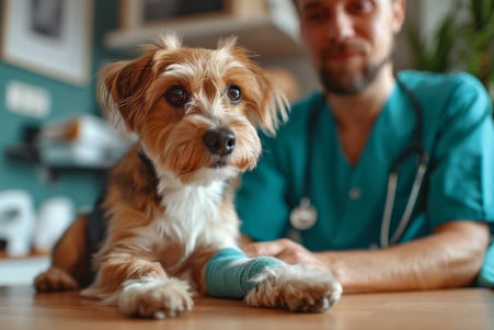 Concerned veterinarian examining a Jack Russell Terrier with a bandaged leg in a modern vet office