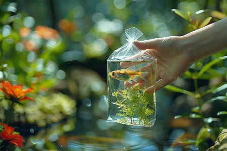 A small fish swimming in a sealed plastic bag being carefully carried through a garden with flowers and greenery