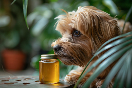 A concerned-looking brown dog sniffing at a jar of palm oil, surrounded by greenery