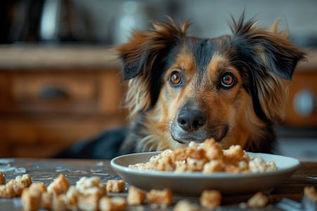 Shepherd mix dog with a concerned look sitting next to a plate of partially eaten Rice Krispie Treats