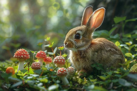 A curious brown and white rabbit with large ears sniffing an assortment of mushrooms on a forest floor