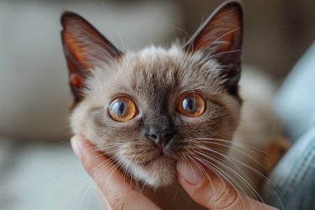 Close-up of a Burmese cat with golden eyes and sleek fur chewing on a human finger