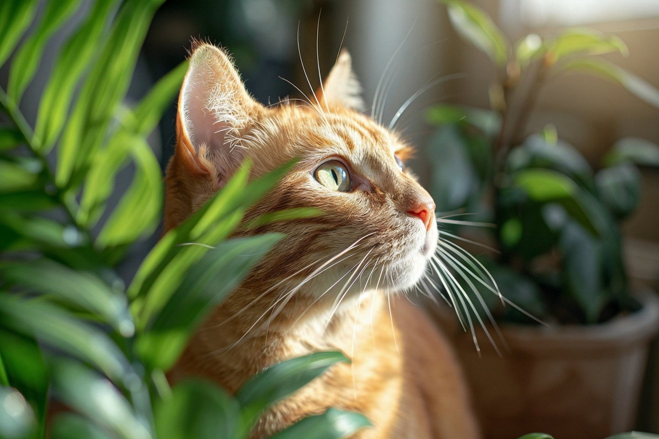 Orange tabby cat sniffing a potted majesty palm in a sun-lit living room