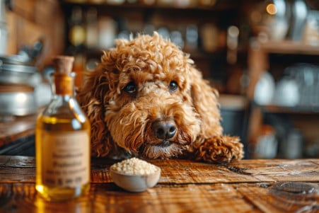 Poodle with a curly, light brown coat licking its lips next to a bottle of sesame oil on a wooden table