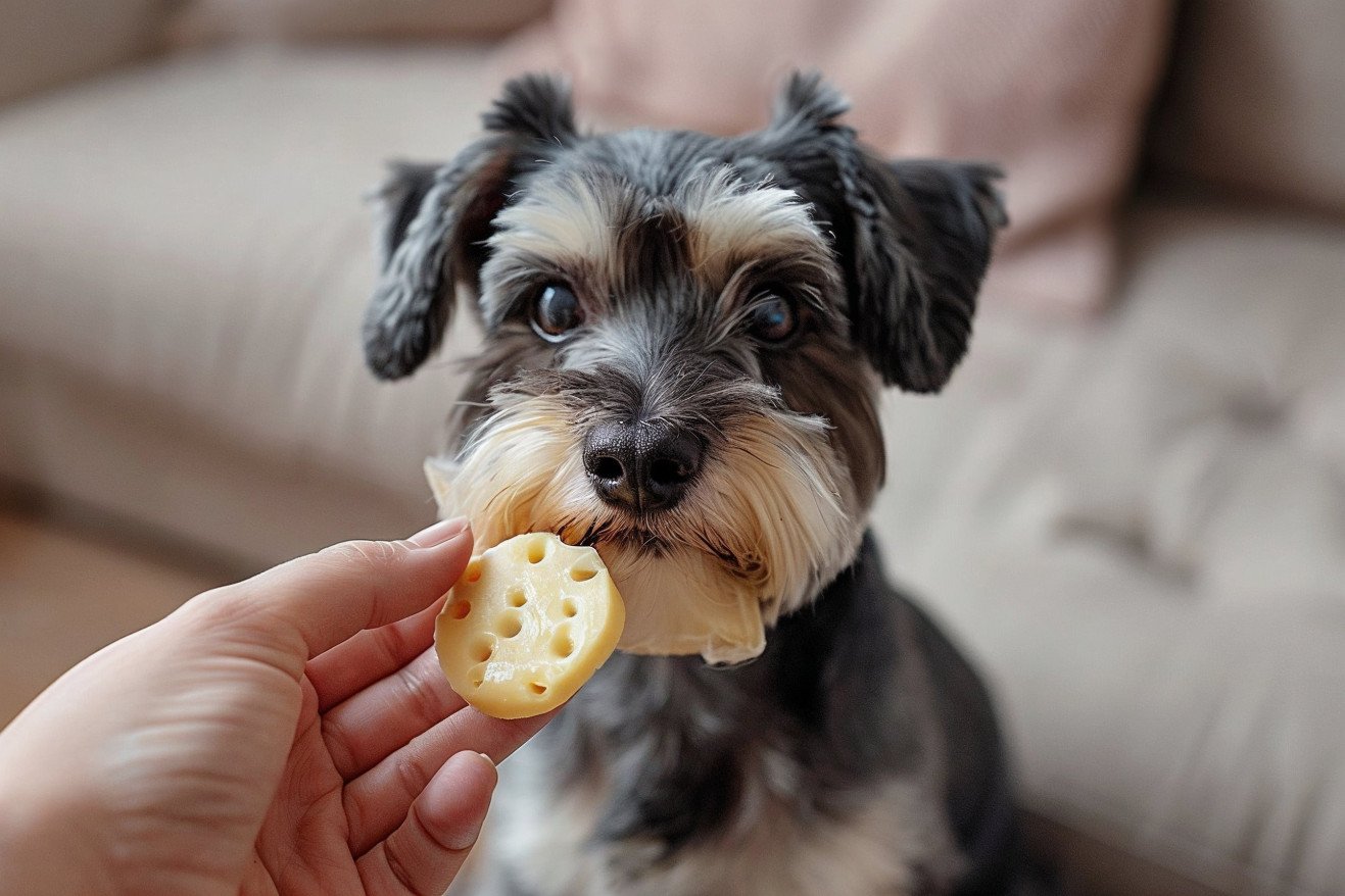 Miniature Schnauzer standing on hind legs, begging for a circle-shaped plain provolone cheese held in the owner's hand