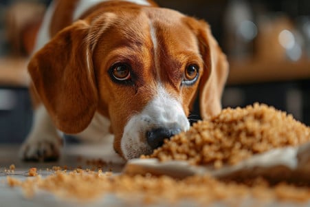 Curious beagle sniffing at a bag of brown sugar on a kitchen countertop