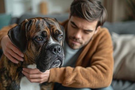 Concerned owner kneeling beside a Boxer dog dry heaving in a homey living room