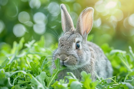 Close-up portrait of a smooth, velvety gray Rex rabbit enjoying a few arugula leaves