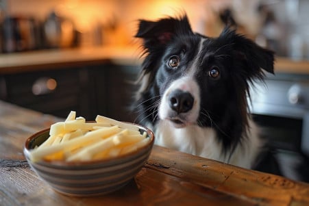 Border Collie sitting next to a bowl of jicama sticks, looking up at the owner
