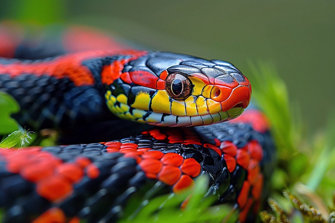 Striking coral snake with bright red, black, and yellow bands undulating through a grassy field, its unblinking eye visible
