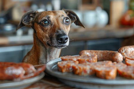 Italian Greyhound examining pieces of turkey sausage on a kitchen counter