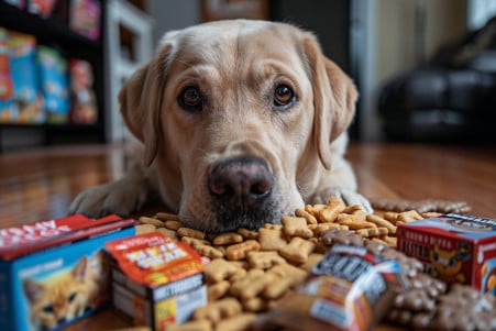 Labrador Retriever hesitantly sniffing a pile of cat treats on a hardwood floor