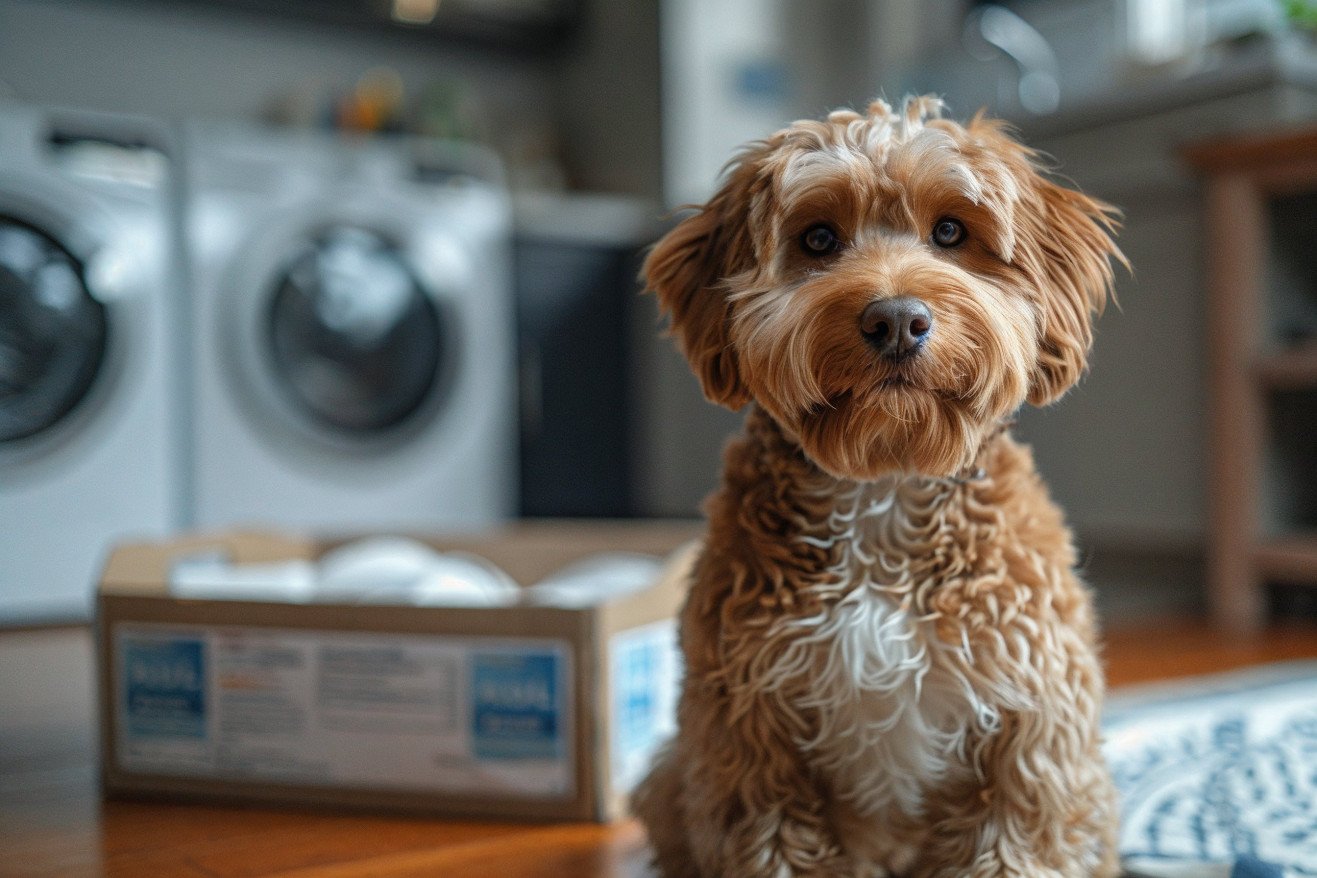 Guilty-looking dog with a bloated stomach sitting next to an open box of dryer sheets and a clothes dryer in the background