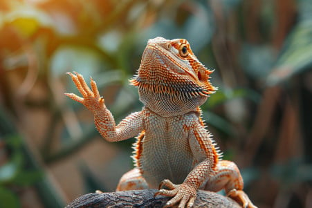 Bearded dragon standing on a branch, using its front legs to wave back and forth in a slow, undulating motion