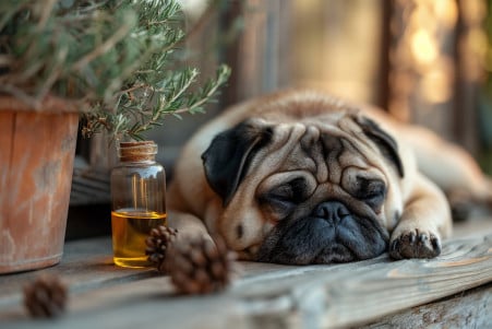 Relaxed Pug resting on a wooden porch with a glass bottle of cedarwood oil and sprigs scattered around
