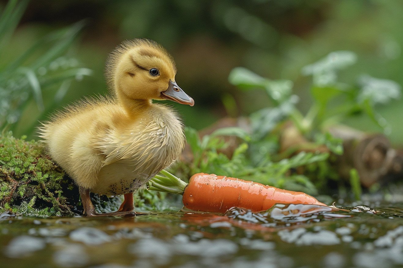 Yellow duckling eagerly pecking at a large orange carrot on a grassy riverbank