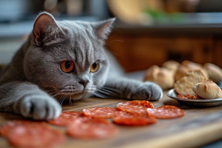 Gray British Shorthair cat curiously reaching out to a slice of pepperoni, with a bowl of cat food in the background