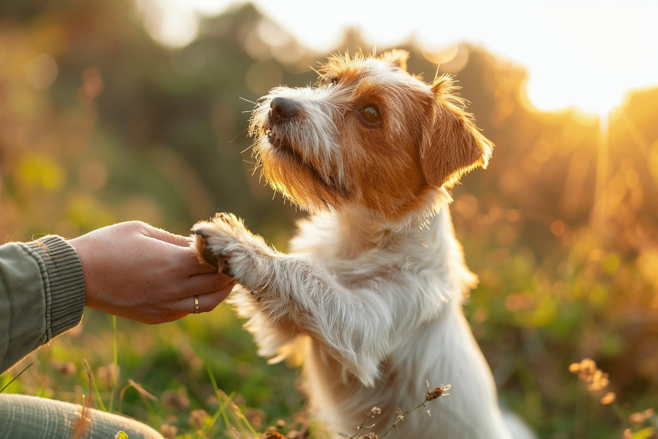 Jack Russell Terrier standing on its hind legs, placing its paws on the lap of its kneeling owner in a sunny outdoor scene