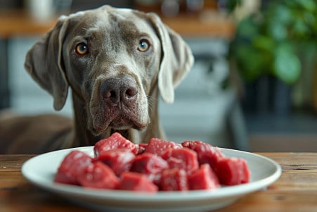 Weimaraner dog standing alert next to a plate of venison slices, with a focused gaze on the meat