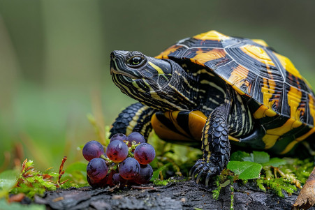 Close-up of a box turtle with a yellow and black shell examining a ripe purple grape on a mossy log